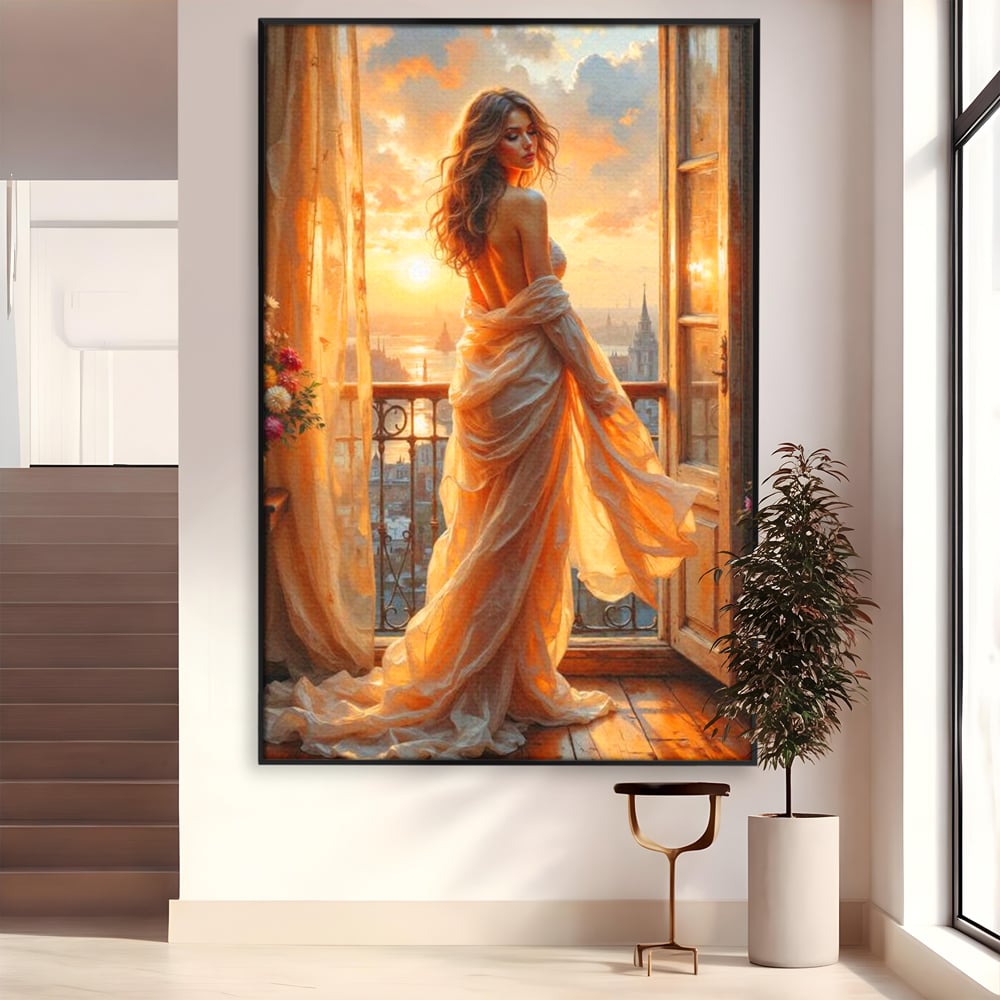 Tablou canvas cu tablou canvas cu femeie la fereastra, in rama de aluminiu negru